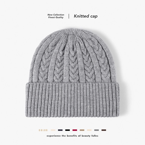 Cable Knit Beanie Hat Thick Warm Faux Rabbit Hair Ribbed Cuff Winter Autumn Skull Cap For Men Women