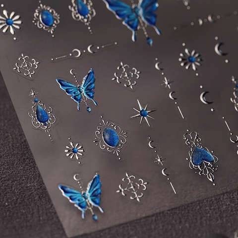 Gotische Blaue Schmetterling Nagelaufkleber 3D Relief Silber Stern Mond Edelstein Retro Selbstklebende Abziehbilder Für Frauen