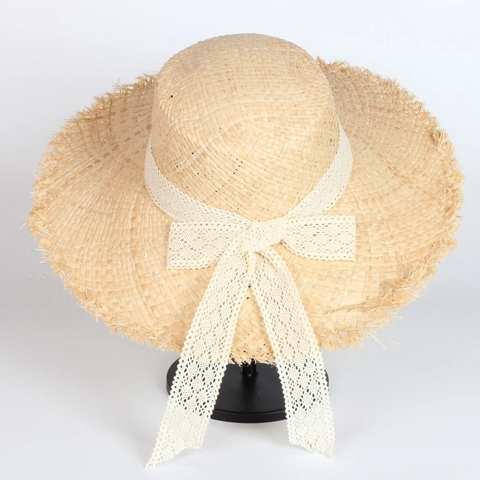 Handmade Raffia Straw Hat Wide Brim Fringed Edge Lace Ribbon Bow Sun Protection Beach Holiday Elegant Women