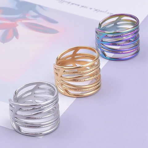 304 Stainless Steel Adjustable Open Ring Irregular Geometric Multi Layer Hollow Wide Band Minimalist Fashion Jewelry