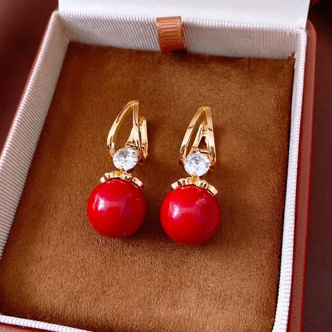 Orecchini Pendenti Retrò Con Sfera In Resina Rossa E Zircone Cerchio Geometrico In Rame Dorato Per Donne Gioielli