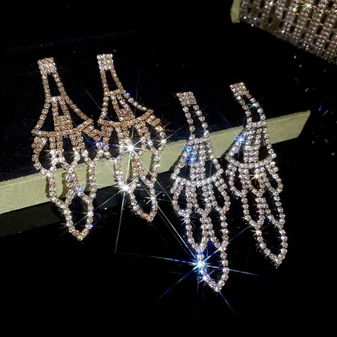 Long Tassel Chandelier Drop Earrings Copper Rhinestone With Silver Earring Post Luxury For Women Evening Party Geometric