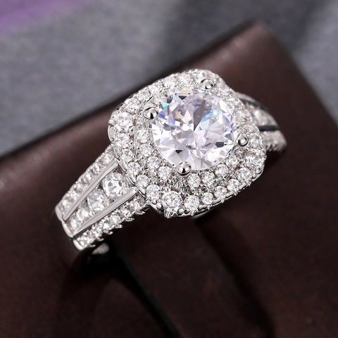 Bague Double Halo Cuivre Zirconium Coupe Ronde Branche Fendue Fiançailles Luxe Mariage Bijou Pour Femme