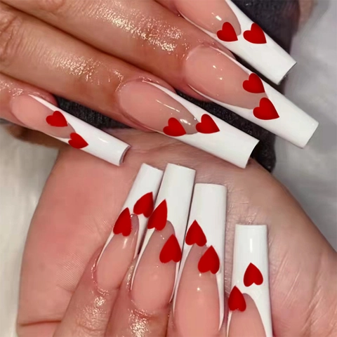 Faux Ongles Long Cercueil À Presser Français Blanc Nude Base Motif Cœur Rouge Ongles Artificiels Pour Femmes Mode Manucure