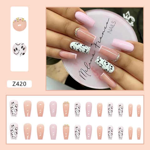 Press On Nails Roze French Tip Smiley Face Coffin Shape ABS Plastic Kunstnagels Met Steentjes Voor Vrouwen