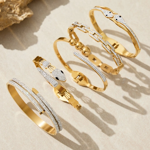 Snake Geometric Bangle Bracelet Stainless Steel Zircon Inlaid Jewelry Women Luxury Elegant Fashion Gold Plated