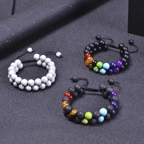 Double Layer Natural Lava Stone Chakra Beaded Bracelet With Adjustable Braided Rope Fashion Jewelry For Men Women