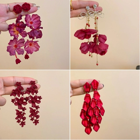 Rode Bloem Rozeblaadje Kwastje Hangoorbellen Met Zilveren Oorknopje Legering Stof Harz Zirkoon Kunstparel Elegant Vintage