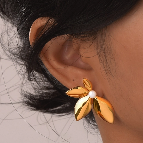 Orecchini A Lobo A Fiore Foglia Con Perla Artificial Sintetica E Perno In Argento Sterling 925 Placcato Oro Gioielli Per Donna