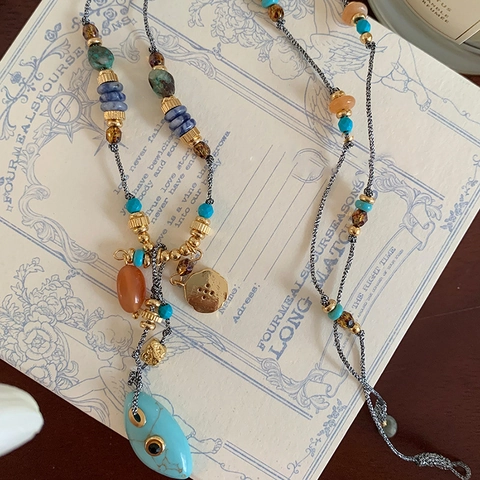 Boho Lange Perlenkette Mit Kupfer Türkis Oval Tropfen Anhänger Retro Ethnischen Stil Schmuck Damen Urlaub