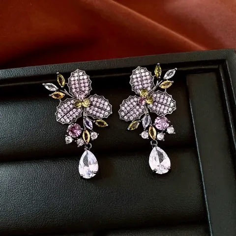 Vintage Florale Wassertropfen Hängeohrringe Für Damen Luxus Bunter Zirkon Kupfer Mit Silver Earring Post Retro