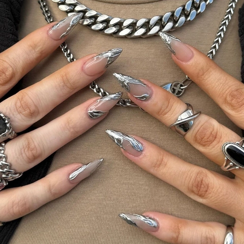 Press On Nails Almond Nude Pink French Style Artificial Fake Nails With 3D Silver Liquid Metal Chrome Embossed Design