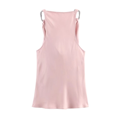 Satin Camisole Tank Top Beaded Chain Straps Cowl Neck Slim Fit Party Clubwear Pink For Women