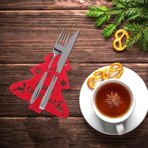 Christmas Tree Shaped Cutlery Holder Felt Tableware Pocket Fork Spoon Bag Festive Dining Table Decoration Elk Star Pattern