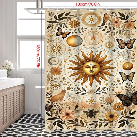 Waterproof Polyester Shower Curtain Mystical Sun Moon Mandala Om Symbol Moon Phase Botanical Bathroom Decor