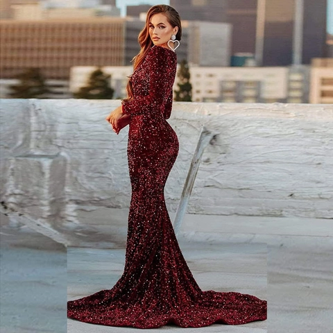 Sequin Mermaid Evening Gown Long Sleeve High Split Slim Fit Formal Party Dress For Women Elegant Sparkly Maxi