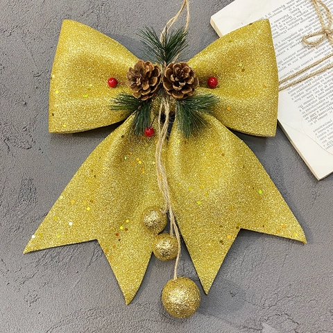 Large Christmas Bow Decoration With Glitter Pine Cones Berries Pine Needles And Hanging Balls Festive Home Ornament