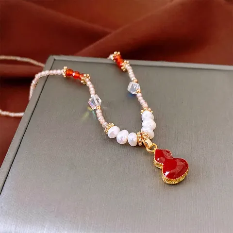 Freshwater Pearl Necklace For Women Enamel Gourd Pendant Beaded Choker Chain Vintage Retro Style Elegant Jewelry Gift
