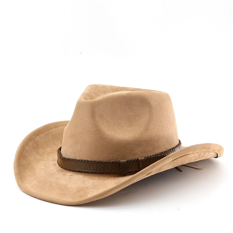Westerse Cowboyhoed Retro Suède Polyester Brede Rand Leren Band Vintage Fedora Voor Heren Dames