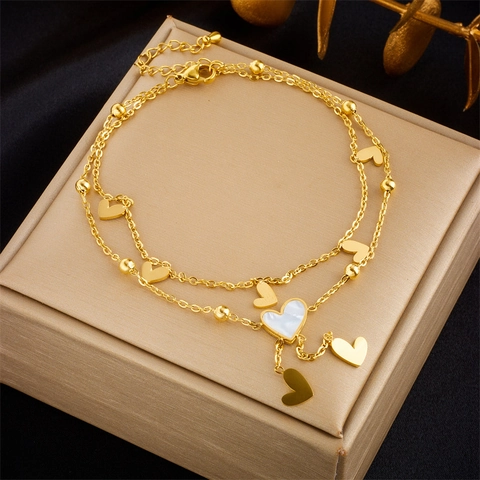 Fashion Titanium Steel Double Layer Anklet For Women Gold Plated Artificial Pearl Heart Pendant Tassel Chain Foot Jewelry