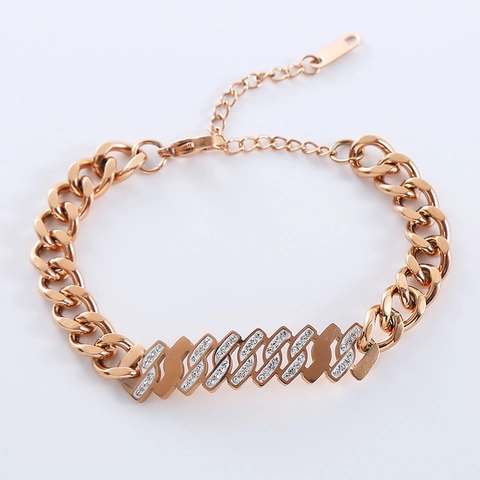 Pulsera De Cadena Cubana Acero Inoxidable 316L Chapado En Oro 18K Pavé De Diamantes Hip Hop Retro Joyas Para Mujer