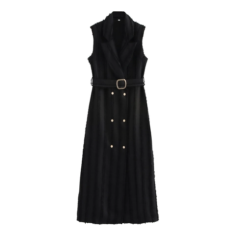 Vestito Maxi Senza Maniche Doppio Petto Con Cintura Collo A Giacca Elegante Orlo Sfrangiato Stile Urbano Nero