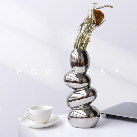 Ceramic Vase Modern Irregular Pebble Egg Shape Electroplated Silver Mirror Finish Desktop Ornament Home Decor