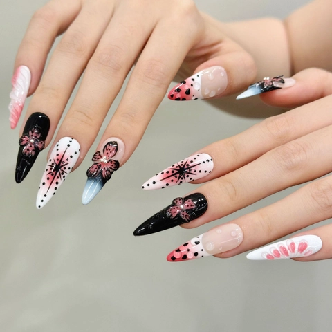 Stiletto Press On Nails Lang Puntig 3D Gesneden Bloem Gothic Donkere Stijl Kunstnagels Voor Vrouwen Party Art Decoratie