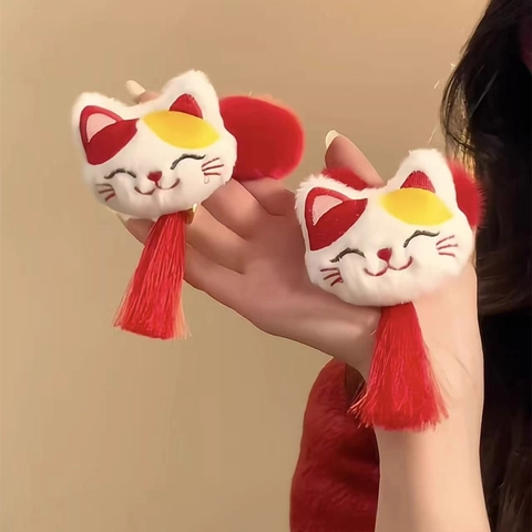 Gomas Para El Cabello De Gato De La Suerte De Peluche Con Borlas Rojas Soporte Para Coleta Estilo Chino Accesorios