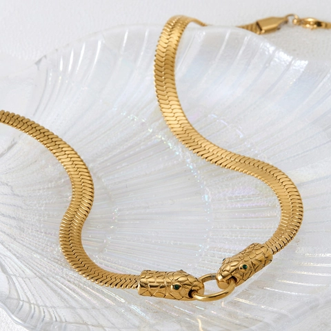 Schlangenkopf Halskette 316 Edelstahl Flache Schlangenkette Mit Grünen Strassaugen Punk Stil Schmuck Für Damen