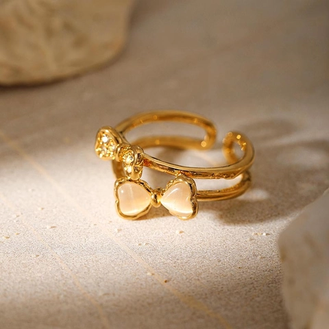 Französischer Stil Doppelschicht Schleife Offener Ring Damen 304 Edelstahl 18K Gold Überzogen Strass Künstlicher Katzenaugen Ring