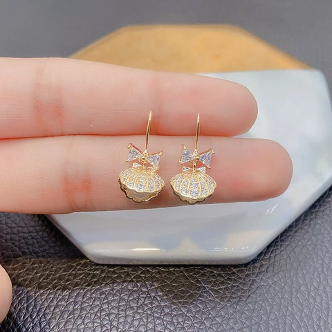 Bogen Muschel Drop Haken Ohrringe Kupfer Zirkon Kunstperle Elegant Süß Mode Schmuck Zubehör Für Damen Geschenk