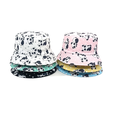 Kids Bucket Hat Breathable Polyester Cartoon Panda Print Polka Dots Sun Protection Outdoor Cute For Boys Girls