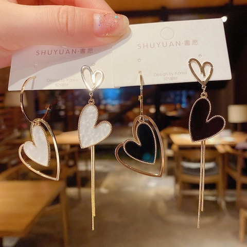 Pendientes Colgantes de Borla de Corazón Asimétricos de Moda Coreana Con Poste de Plata de Ley 925 Joyería de Aleación Esmalte Mujer