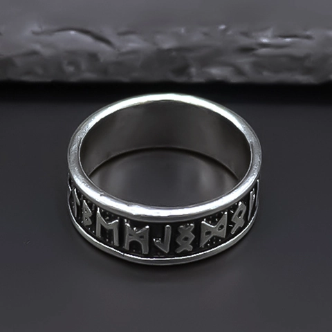 Vintage Nordischer Runen Ring Legierung Geprägte Wikinger Zeichen Breites Band Retro Silber Finish Schmuck