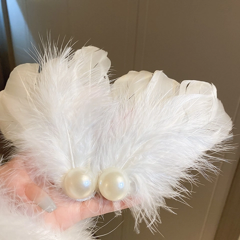 Pinza Para El Pelo De Plumas Blancas Elegante Con Perla Artificial De Imitación Grande Clip De Pico De Pato Mujer