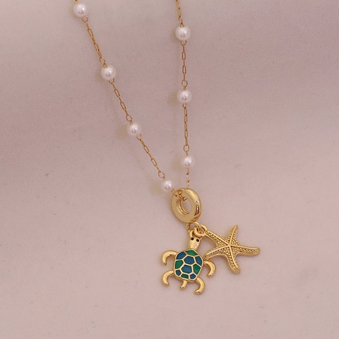 Collana Pendente Tartaruga Marina Stella Di Mar Oceano Acciaio Inossidabile Rame Con Perla Artificial Sintetica Smalto Gioielli Per Donne Estate