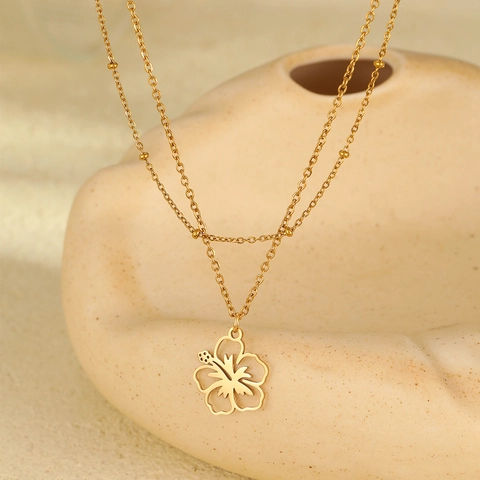 Collana A Doppio Strato Placcata Oro 18K Acciaio Inossidabile Ciondolo Fiore Di Ibisco Traforato Gioielli Trendy Donne