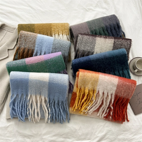 Sciarpa A Quadri Con Nappine Da Donna Sensazione Mohair Oversize Lunga Calda Morbida Scialle Di Moda