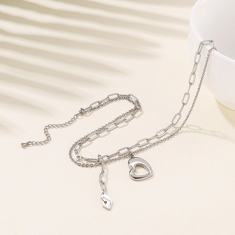 Double Layer Necklace Stainless Steel Heart And Figure Pendant Paperclip Chain Elegant Jewelry For Women