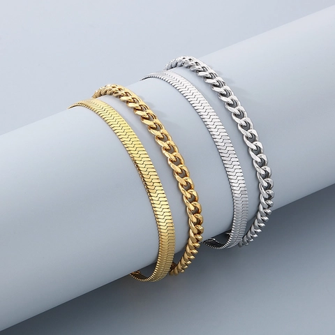 Edelstahl 18K Vergoldet Curb Und Flache Schlangenkette Zweilagiges Armband Hip Hop Mode Schmuck Unisex