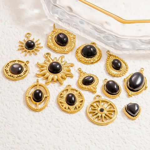 French Vintage 18K Gold Plated Stainless Steel Pendant Natural Obsidian Star Sun Totem Eagle Charms For DIY Necklace Bracelet Making Women Jewelry Accessories