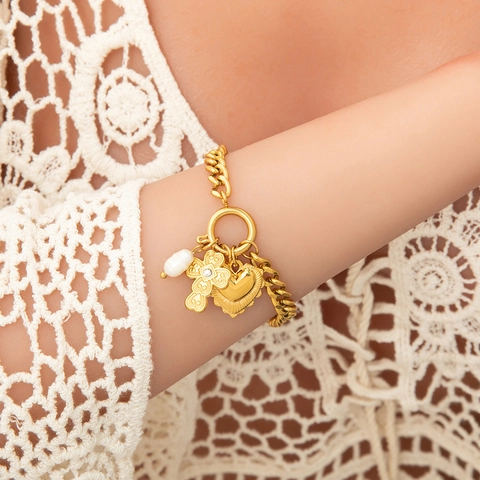 Bracciale Impermeabile in Acciaio Inossidabile con Pendente a Cuore per Donna Perla Artificiale Croce Stella Marina Conchiglia Gioielli di Moda