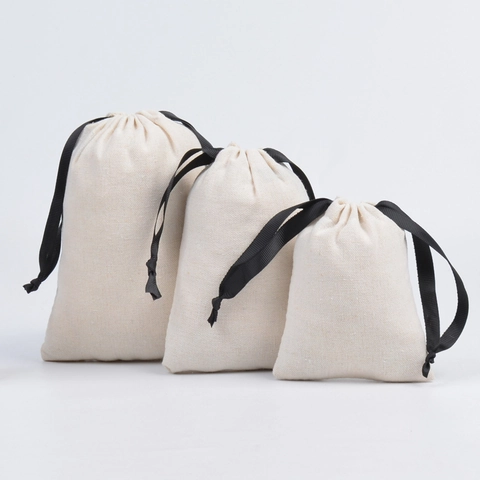 Cotton Linen Drawstring Bags Jewelry Pouch Gift Packaging Small Item Storage Organizer Beige Canvas