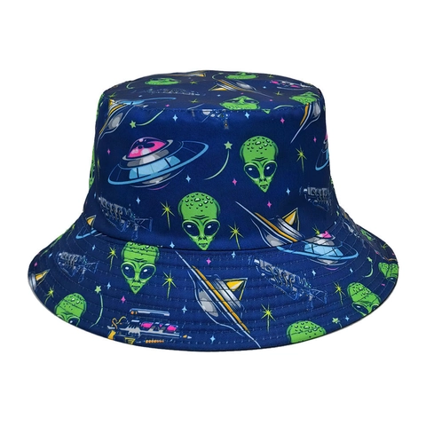 Reversible Bucket Hat Alien UFO Printed Polyester Sun Hat Foldable Breathable Fisherman Cap Unisex Outdoor