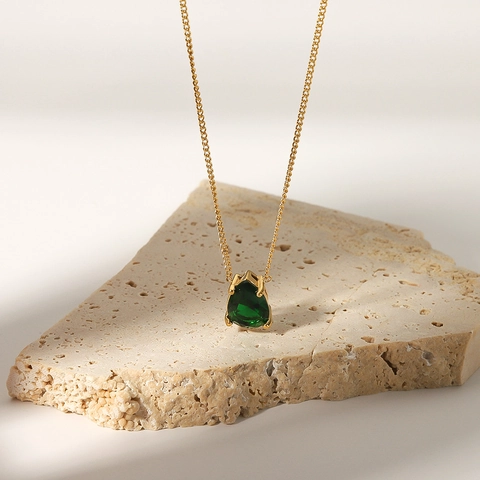 Pear Shape Green Zircon Pendant Necklace 18K Gold Plated Stainless Steel Water Drop Clavicle Chain Jewelry For Women