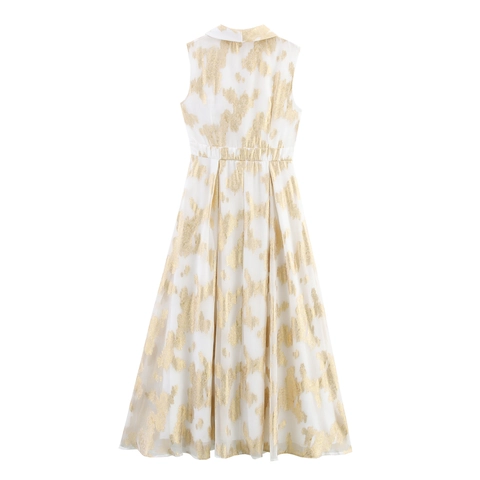 Elegante Mouwloze Maxi Jurk Voor Dames Goud Stempel Getextureerd Polyester Blazer Kraag Hoge Taille Slank Lang Kleed