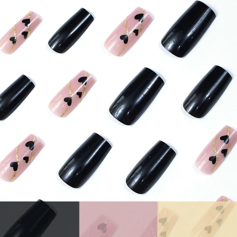Unghie Finte Coffin ABS Design Cuore Nero Linee Dorate Lungo Quadrato Lucido Manicure Artificiale Donne Moda