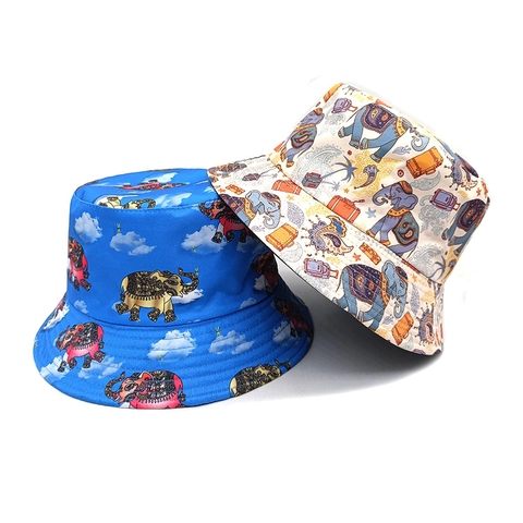 Vissershoed Met Olifantenprint Polyester Omkeerbaar Zonbescherming Zomer Outdoor Etnische Stijl Voor Dames
