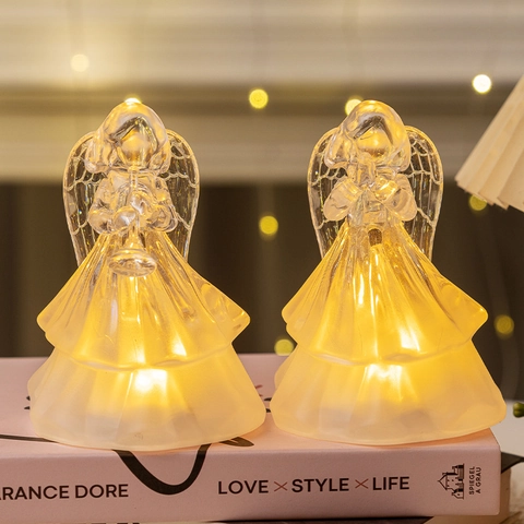LED Angel Night Light Ornaments Plastic Crystal Frosted Luminous Figurines Warm Glow Christmas Home Desktop Decor